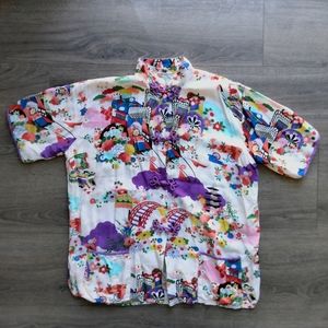 Vintage Hand Printed Made in Japan Colorful Short Sleeves Rayon Floral Shirt